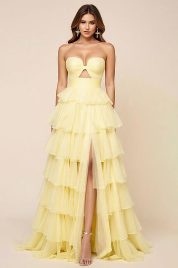 Daffodil Hollow-out A Line Organza Tiered Strapless Long Formal Dress with Slit